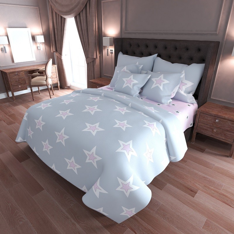 

Комплект постельного белья Королева Ночи Бязь 145х215х2 Семейный Звезды на сером и розовом 959