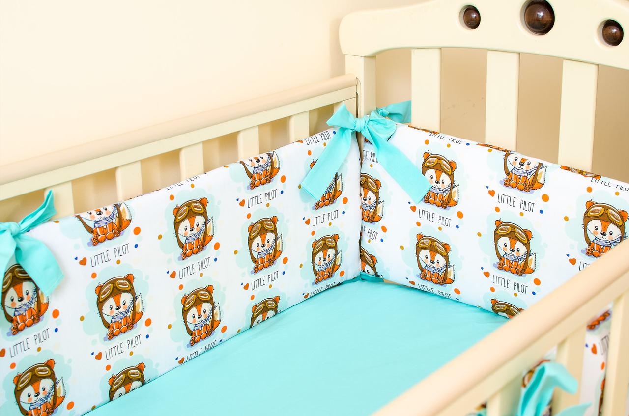 

Бортики в детскую кроватку + простынь на резинке BabySoon 13850 Лисенок пилот 360см х 27см простынь 60смх120см(525)