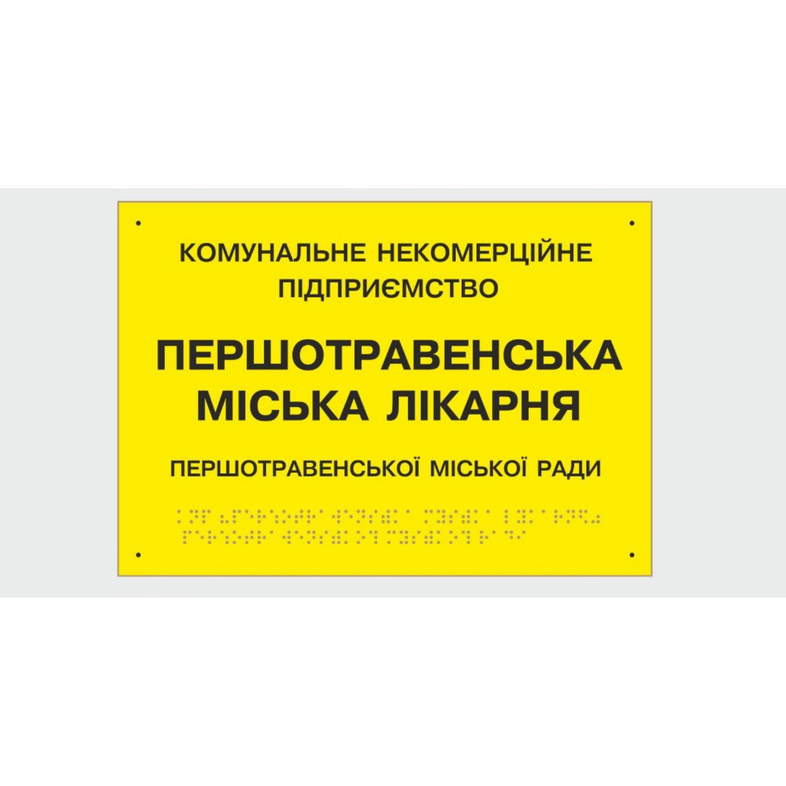 

Табличка с шрифтом Брайля “Першотравенська міська лікарня” 30x50 см (8347)