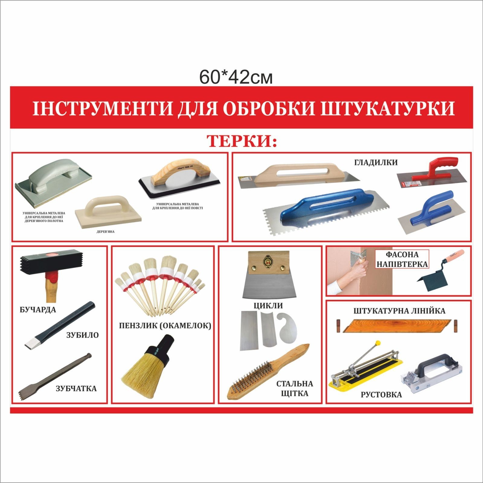 

Стенд Vivay Інструменти для обробки штукатурки 60x42 см (7444)