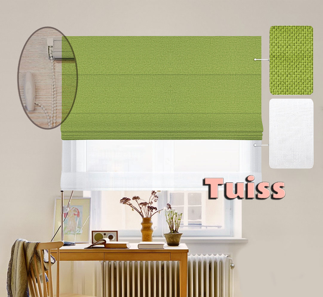 

Двойная римская штора День-Ночь ТВИН Lux Coullise InHt Рогожка Dimout 32 Травяной + Тюль Лён/Тюль Air Белоснежный 210х170 см