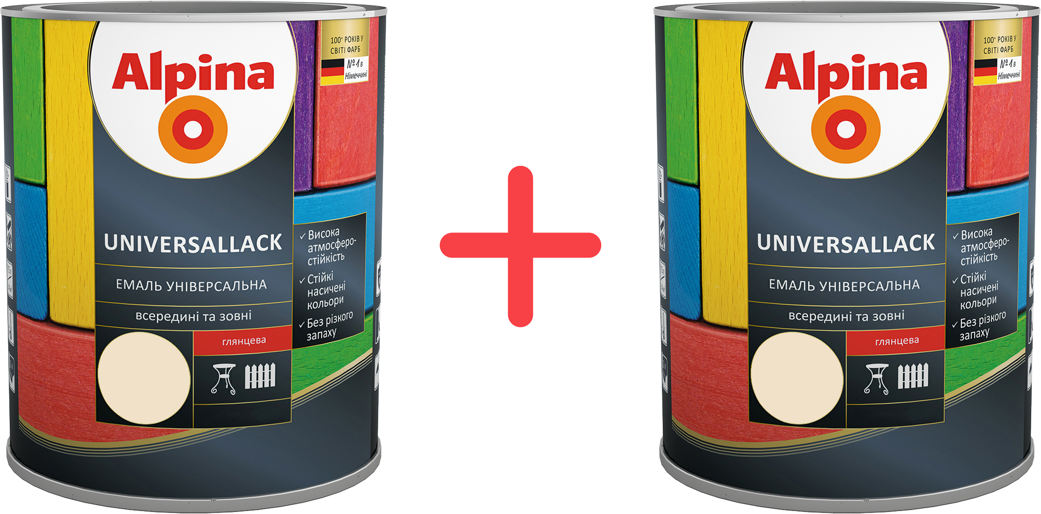 

Комплект 1 + 1 Alpina UNIVERSALLACK Глянцевая 2.5 л Слоновая кость (948201015)