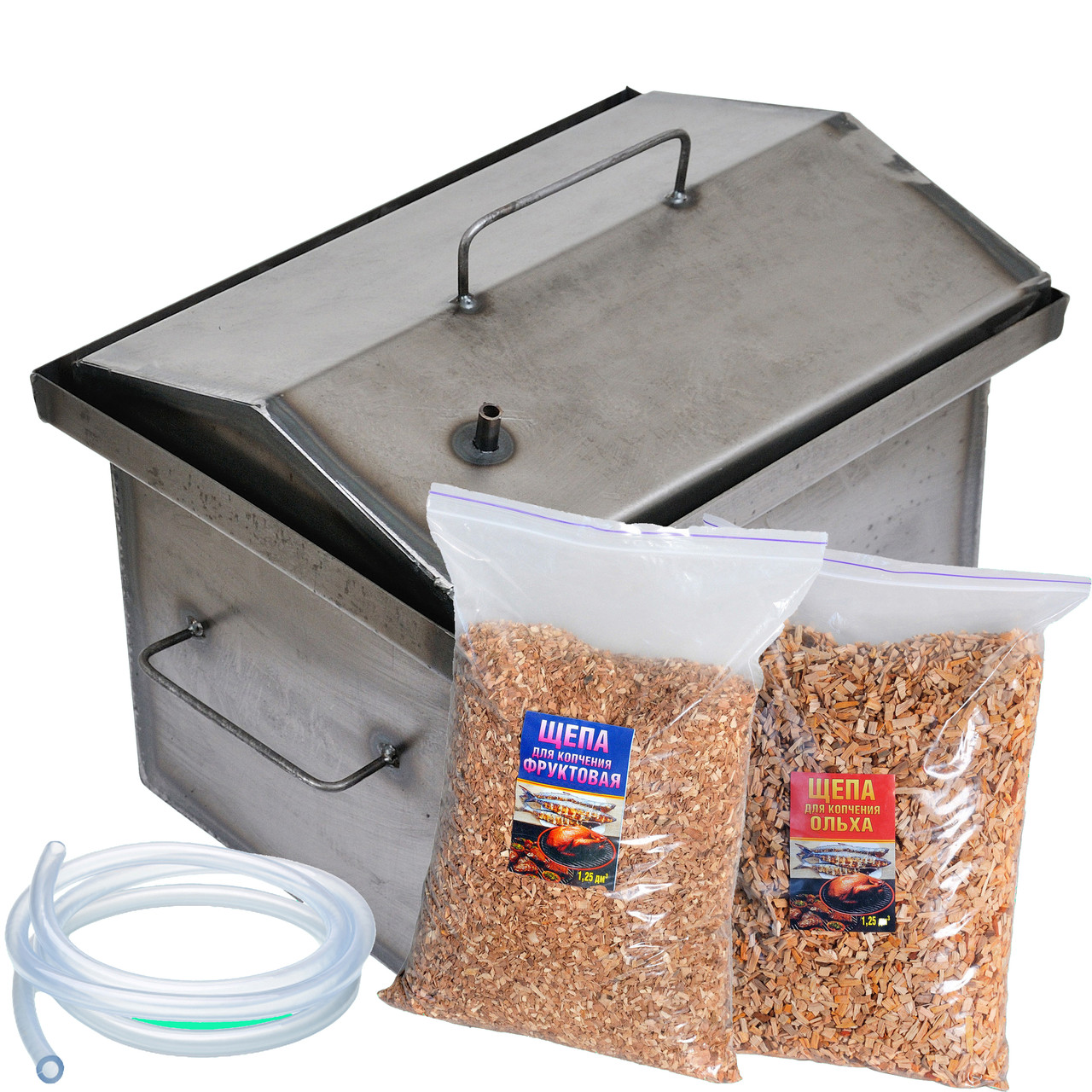 

Коптильня горячего копчения 1.5мм 400х300х350мм с Гидрозатвором + 2кг Щепа + 5м Шланг