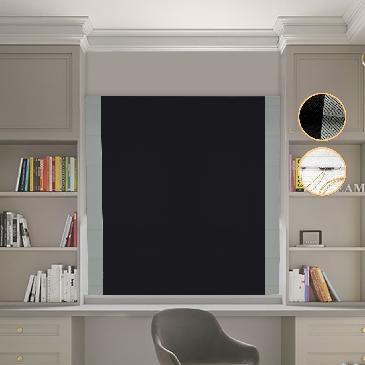 

Римские шторы DECOLIV Блэкаут Перфект черный с оливковыми кантами по бокам 160*170 см