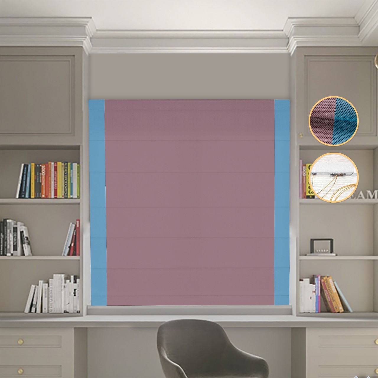 

Римские шторы DECOLIV Блэкаут Перфект пудровый с голубыми кантами по бокам 300*170 см