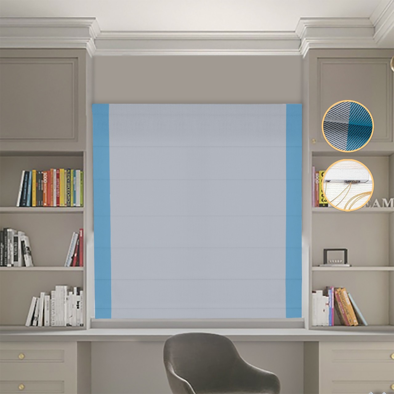 

Римские шторы DECOLIV Блэкаут Перфект светло-серый с голубыми кантами по бокам 40*170 см