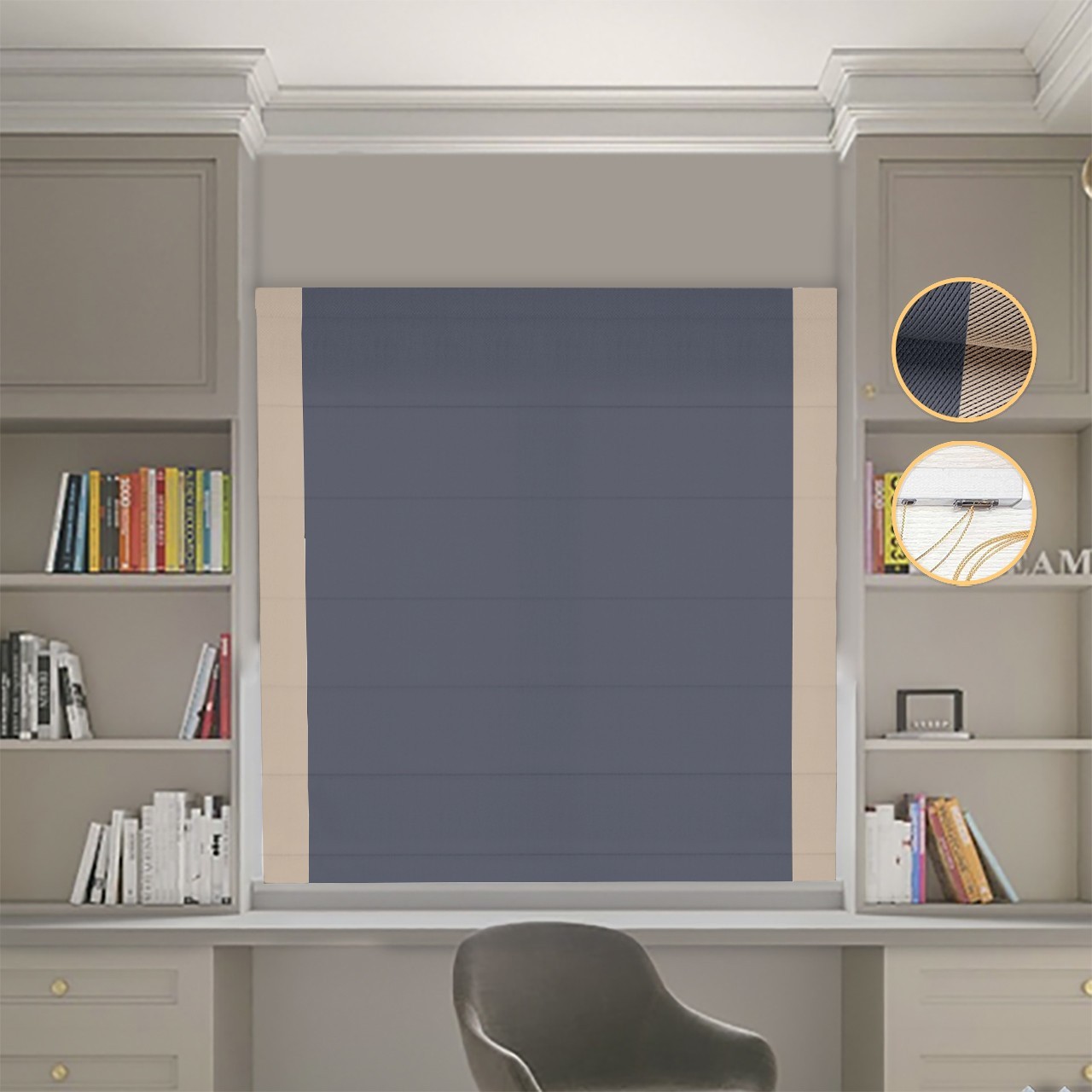 

Римские шторы DECOLIV Блэкаут Перфект графитовый с бежевыми кантами по бокам 290*170 см