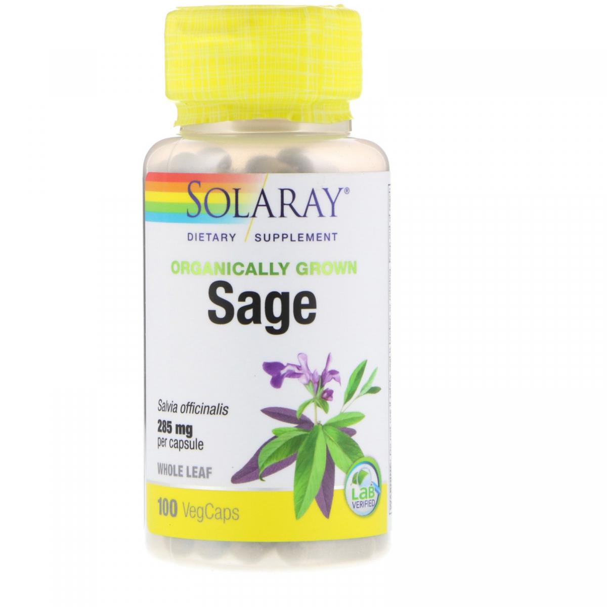 

Шалфей, Organically Grown Sage Leaf, Solaray, 285 мг, 100 растительных капсул