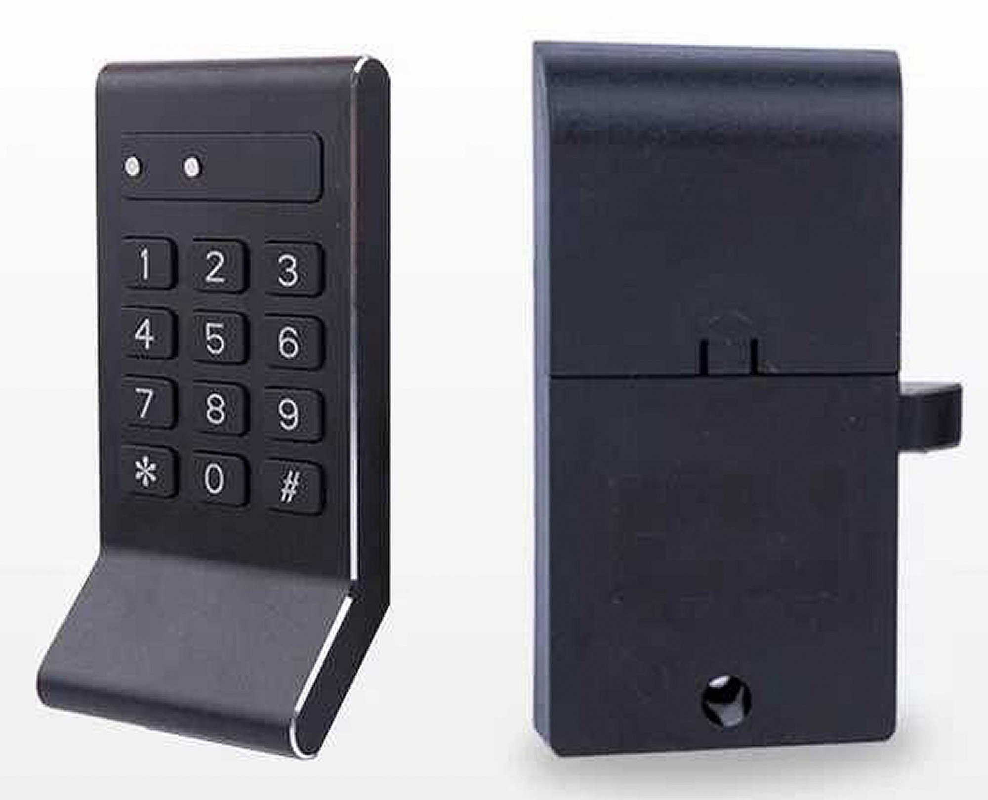 

Замок мебельный электронный с комбинированным: кодовая клавиатура/RFID доступом F011 с алюминиевым черненным фронтальным корпусом и с загнутым захватом - ручкой