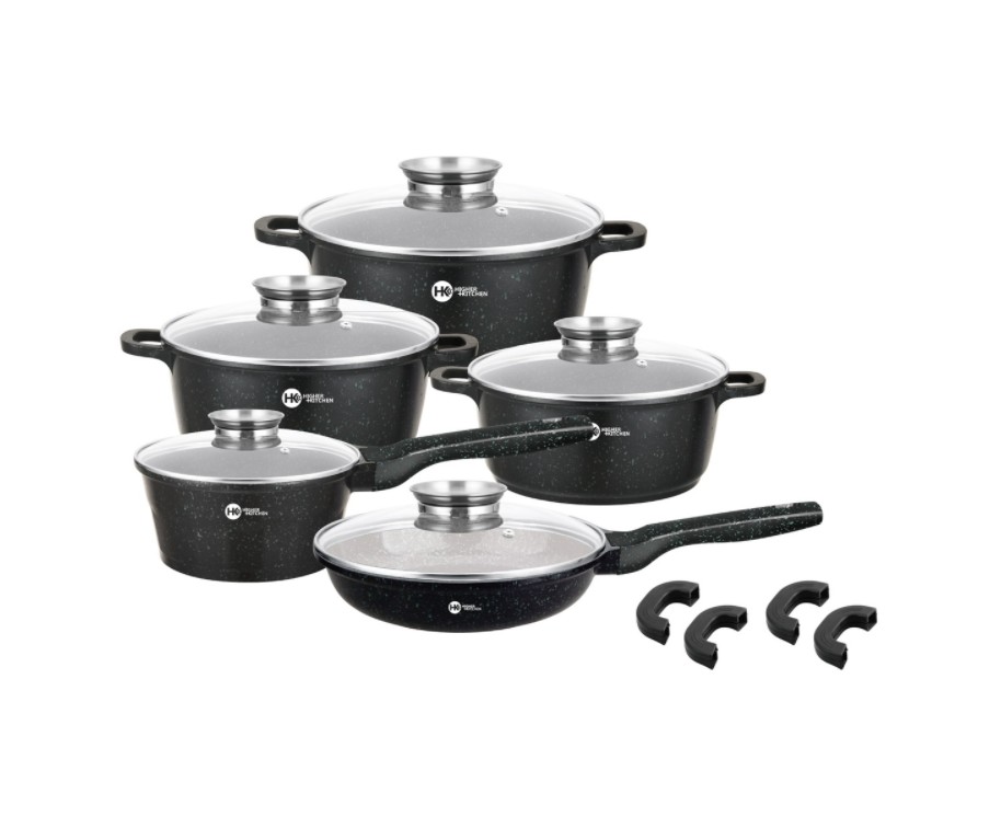 

Набор посуды гранитный круглый Higer+Kitchen HK-305, 14 предметов, Черный