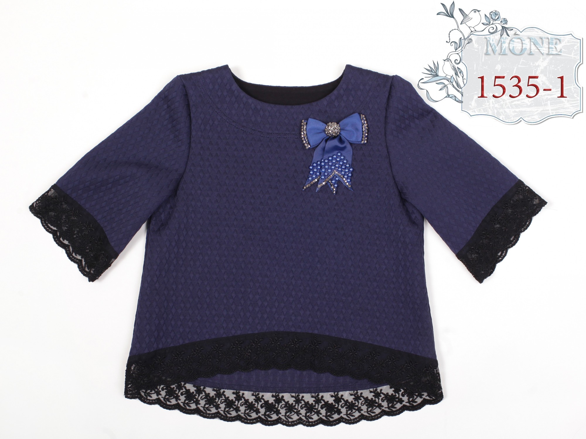 

Детский жилет-кофта блуза для девочки Mone kids трикотаж жаккард с кружевами рукав 3 четверти синий р. 122