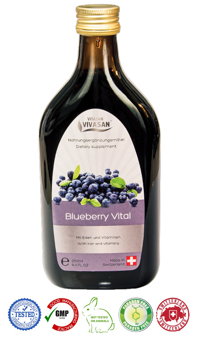 

Натуральный швейцарский антиоксидантный Напиток Черника витал/Blueberry Vital VIVASAN Original 250 мл GMP Sertified Для зрения Not tested on animals 0011