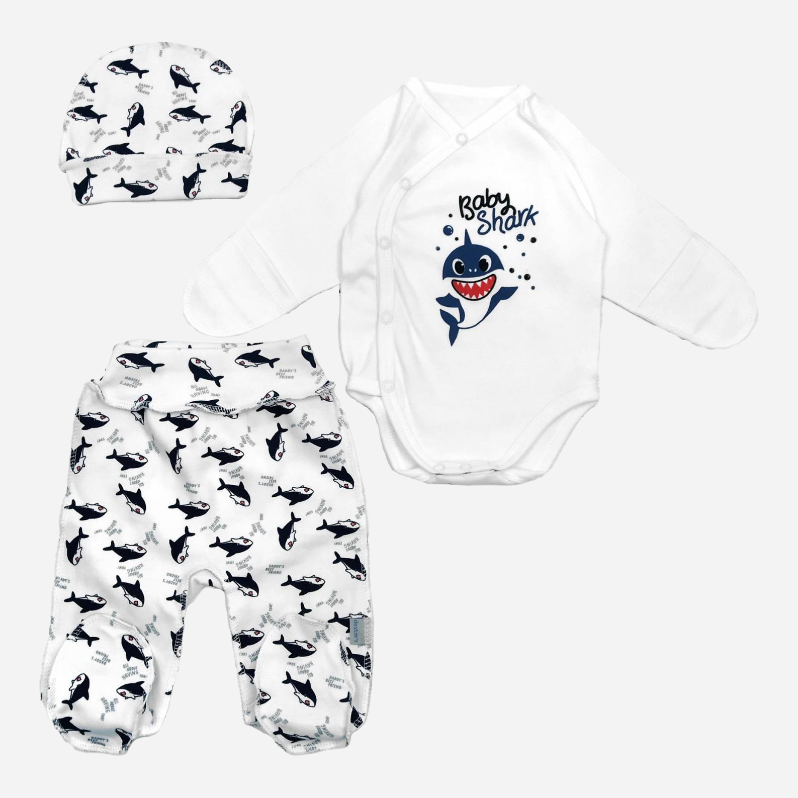 

Комплект (боди + ползунки + шапочка) Dexters Baby Shark d978шр-б 62 см Белый/Синий