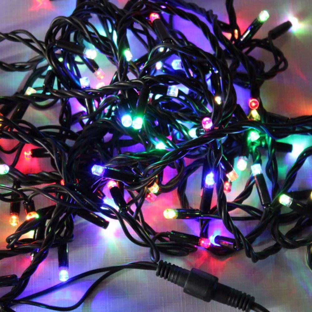 

Гирлянда цепь светодиодная 10м 100 LED черный шнур круглые лампочки разноцветная