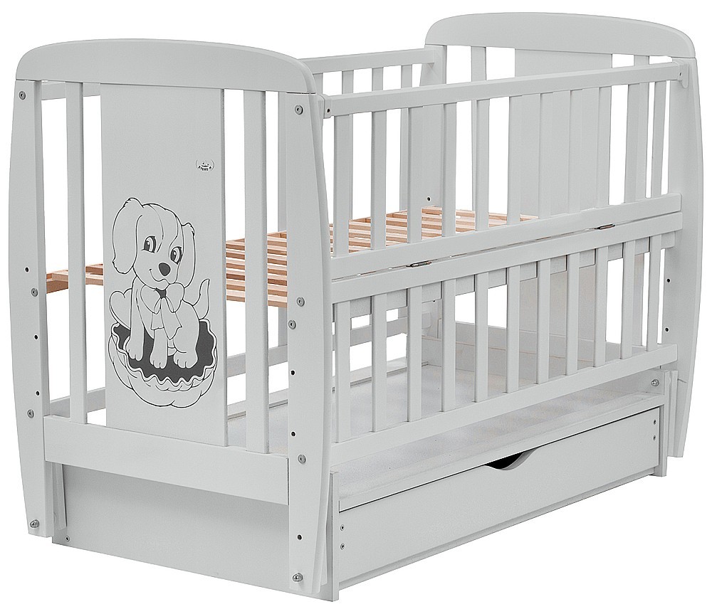 

Кровать Babyroom Собачка маятник, ящик, откидной бок бук серый