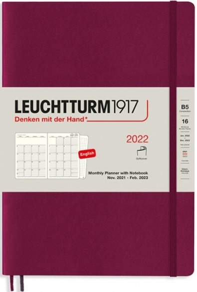 

Щомісячник Leuchtturm1917 на 16 місяців 2021 - 2023 року В5 17,8 х 25,4 см м'який винний