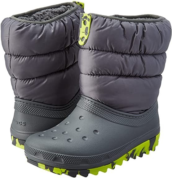 

Зимние сапоги Crocs Neo Puff, J1, серые с салатовым, 32-33