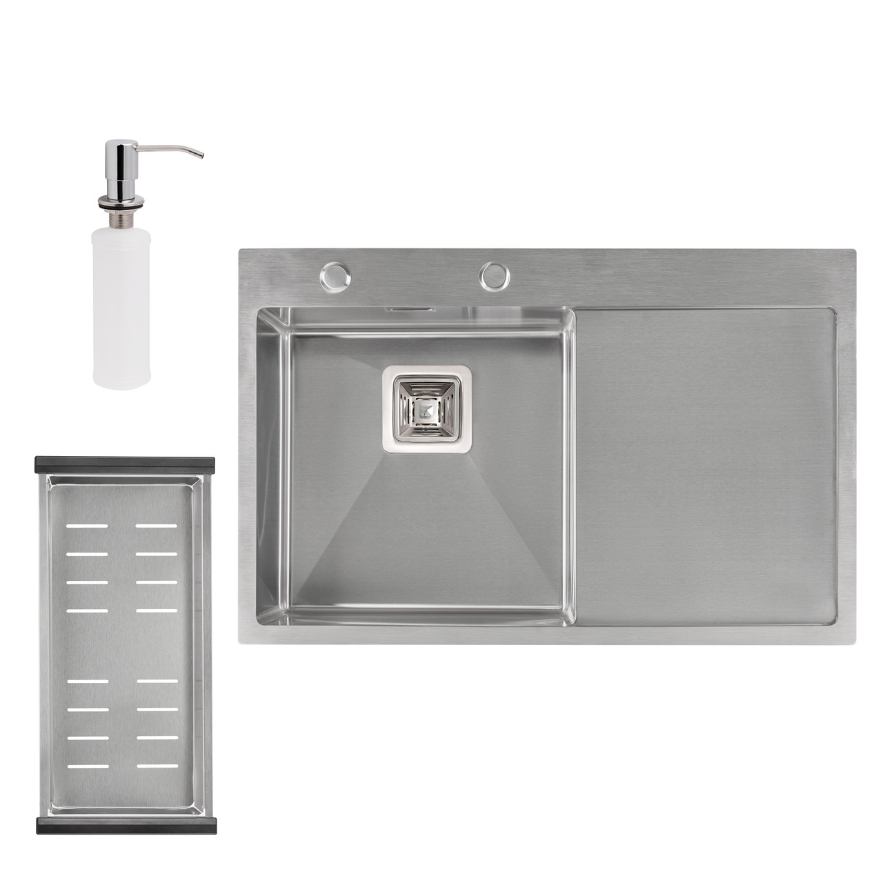 

Набір 3 в 1 Qtap кухонна мийка DK7850L 3.0/1.2 мм Satin + сушарка + дозатор для миючого засобу