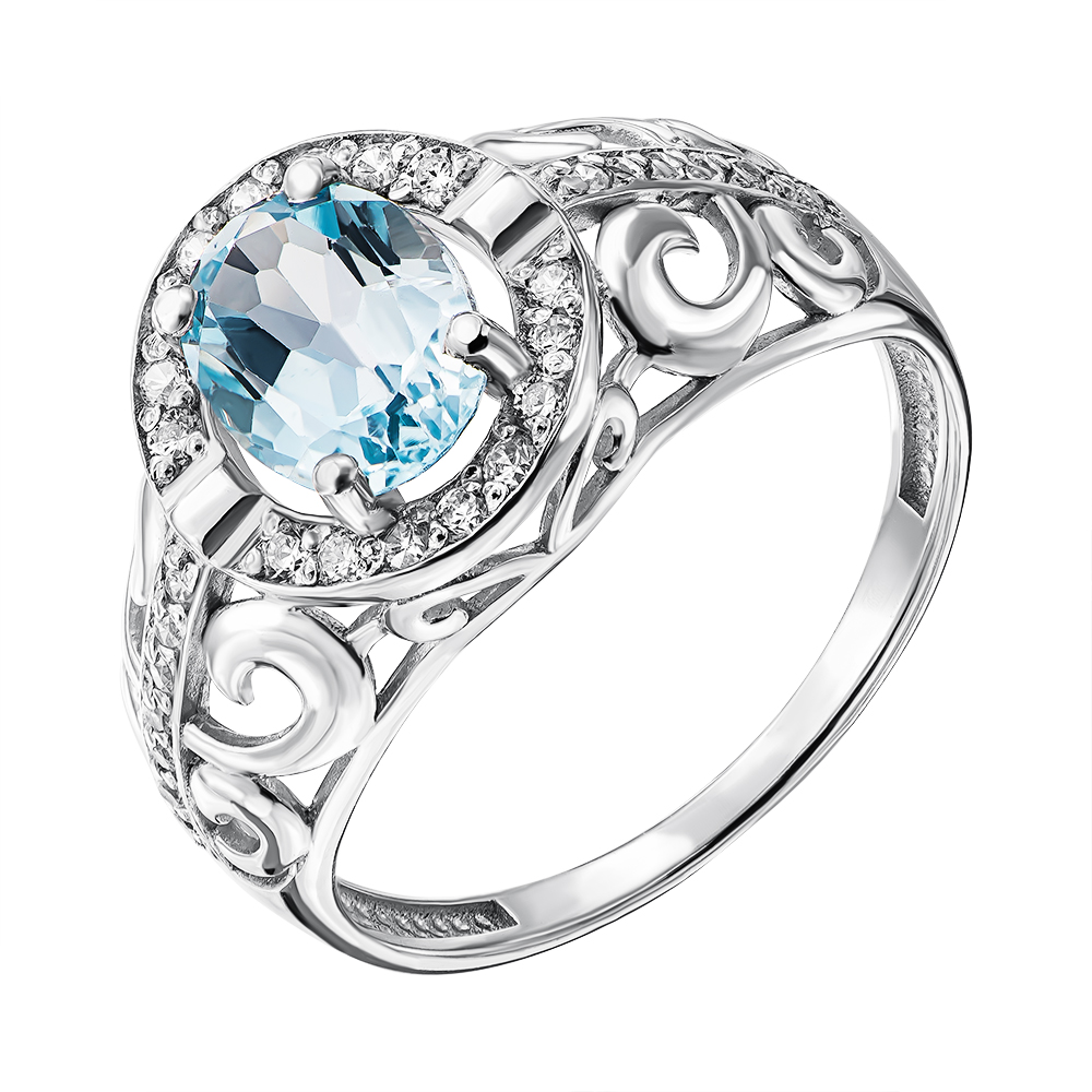 

Серебряное кольцо с голубым топазом и фианитами 000137477 17 размера