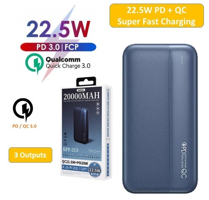 

Павербанк Remax 20000 mAh Fast Charging|2xUSB/1xType-C, 2A для Android/iOS blue