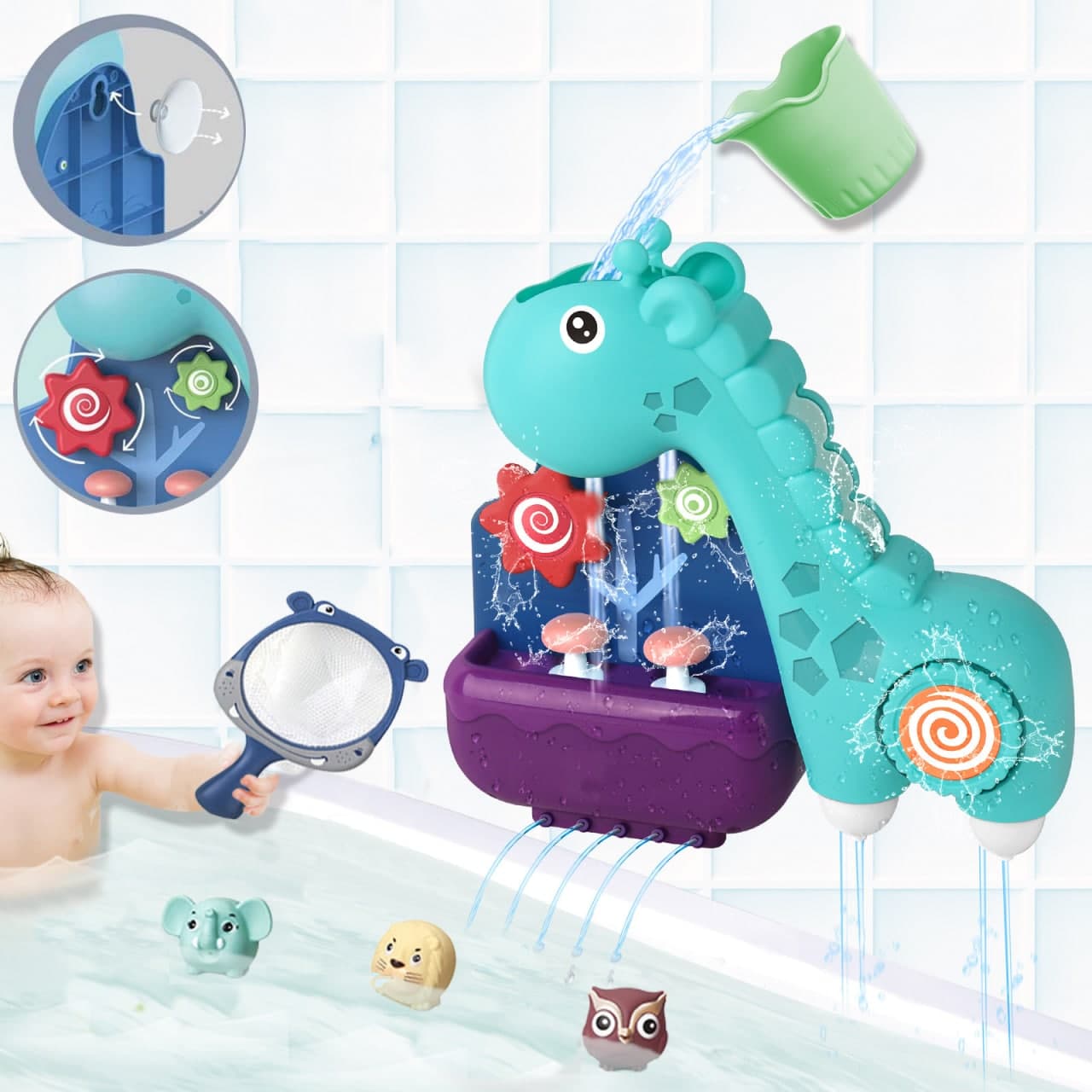 

Детская игрушка для ванной Little Toys Жирафик на присосках с леечкой, сачком и фигурками Голубой