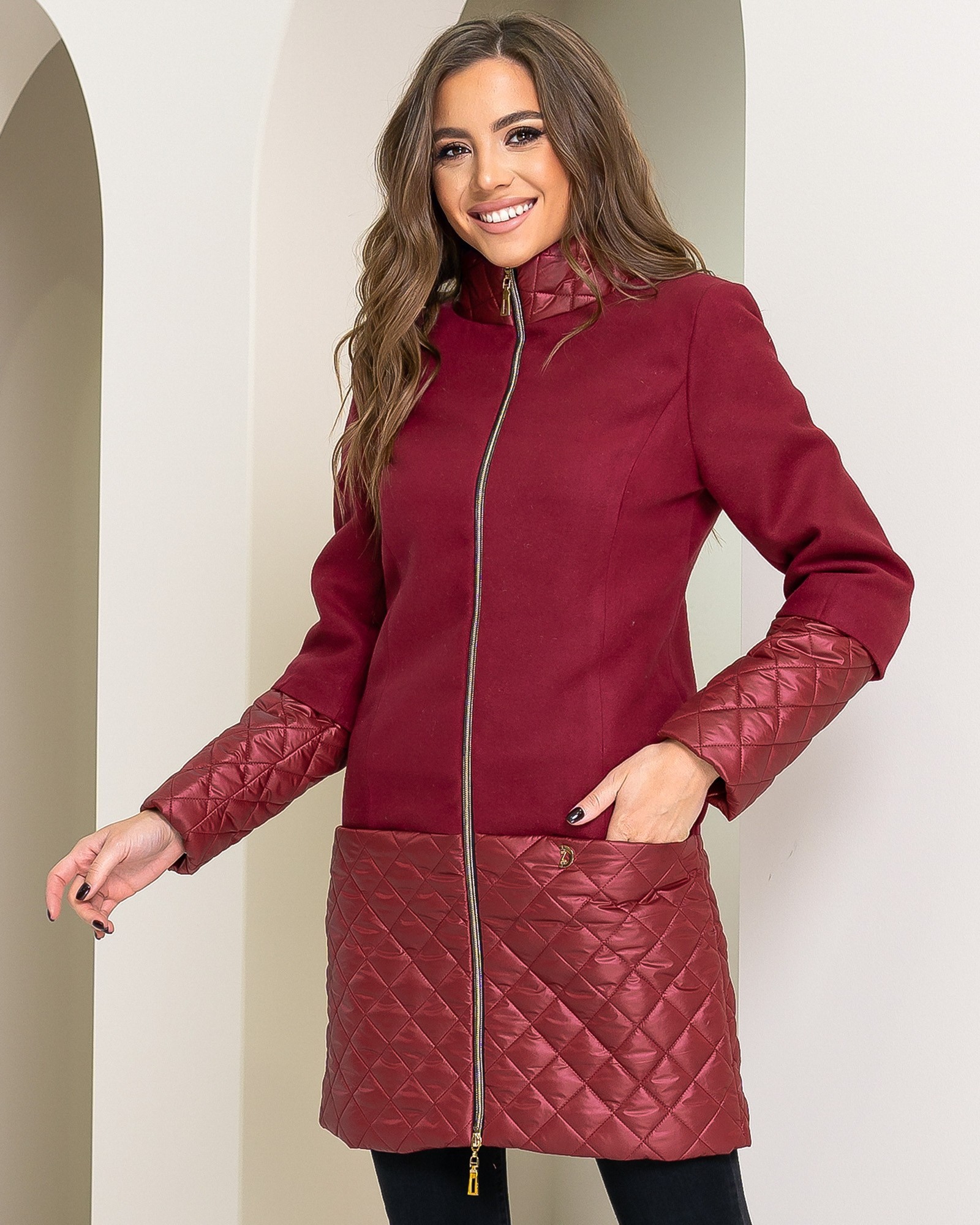 Пальто Khan утепленное, эко-кашемир со вставками плащевки, марсала 52 ...