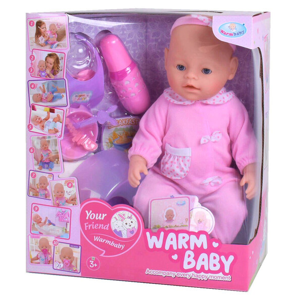 

Пупс функциональный детский Warm Baby 40 см с бутылочкой горшком аксессуарами в розовом костюме (4014090)