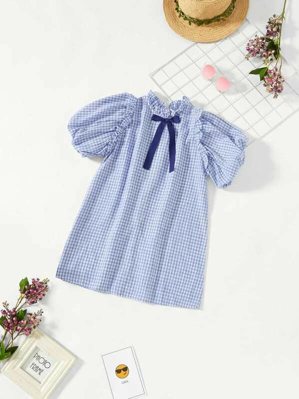 

Платье в мелкую клетку с бантом Shein 180607415 120 cm (91986120cm) Голубой