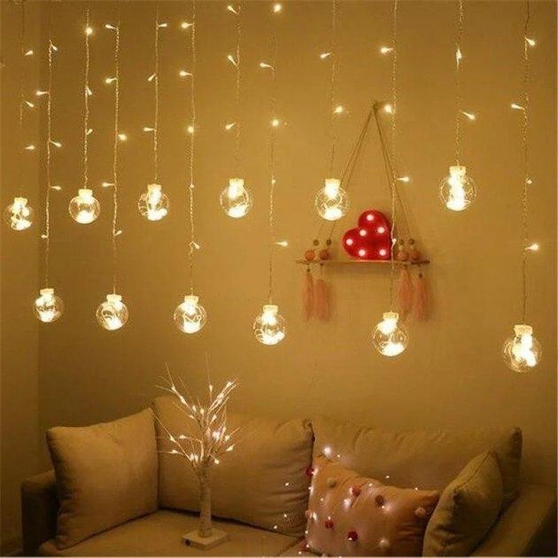 

Гирлянда штора теплый 200 LED ширина 3m 10 шариков по 8 см
