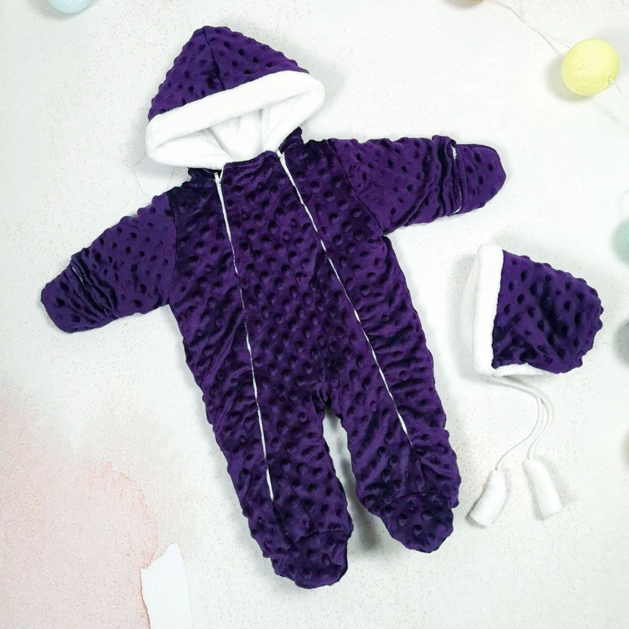 

Зимний плюшевый комбинезончик с шапочкой на махре Kid Way Карапуз 56-62 см фиолетовый