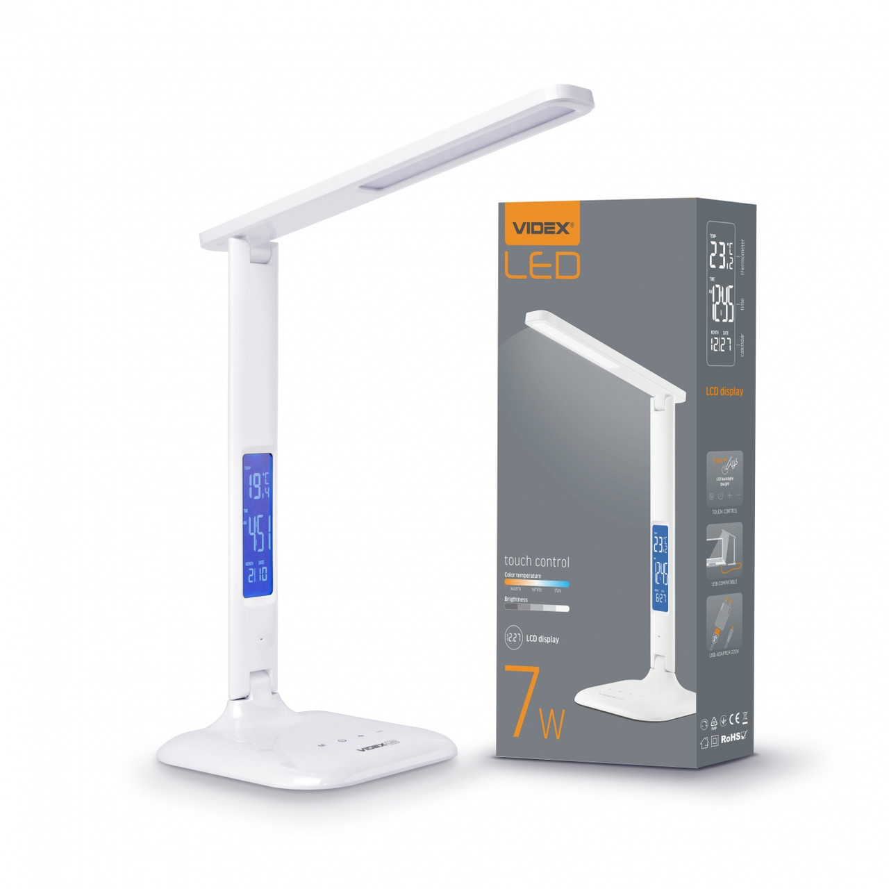 

Настольная LED лампа VIDEX 7Вт 3000-5500K Белая (с часами и температурой)