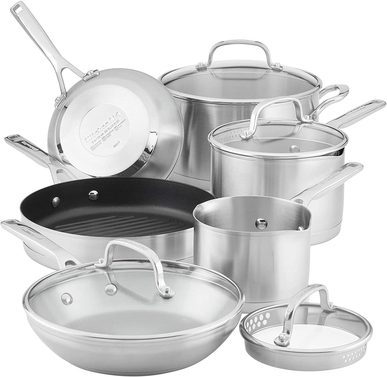 Kitchenaid посуда. Набор кастрюль kitchenaid из 3 предметов. Kitchenaid сковорода набор. Stainless Steel Pots Pans Set. Белая посуда для приготовления пищи.