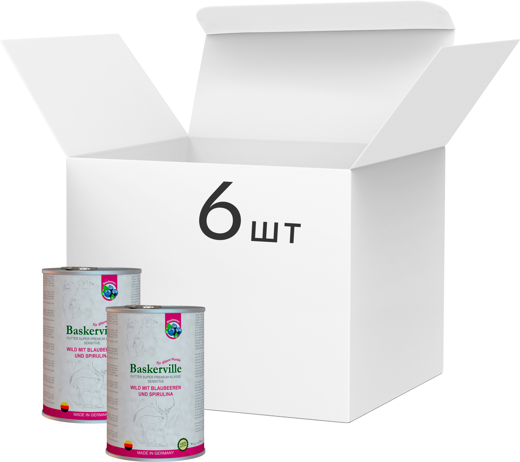 

Упаковка влажного корма для собак Baskerville Sensitive Wild Mit Blaubeeren und Spirulina Оленина с черникой и спирулиной 400 г 6 шт (4250231541810-6)