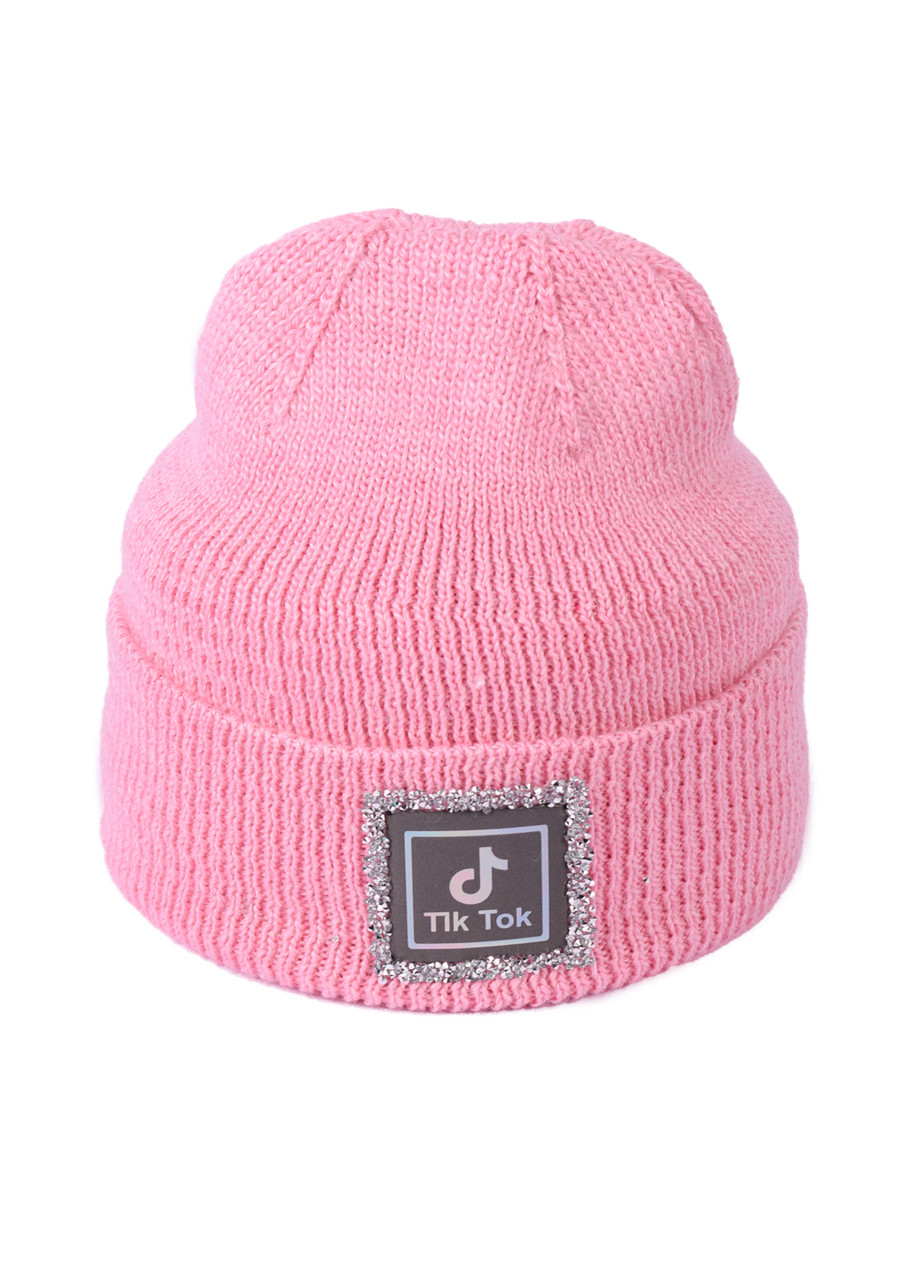

Шапка женская с отворотом украшена стразами TikTok 17-5. Цвет: Розовый