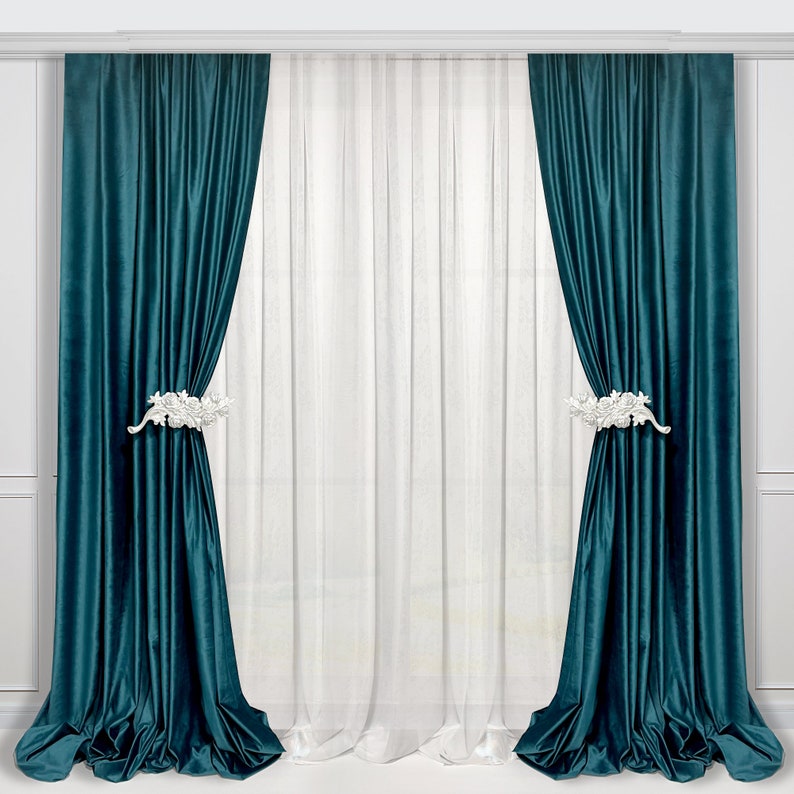 

Комплект бархатных штор с настенными держателями Adagio Windows Decor 150х270см (2 шторы) + 2 держателя, темные бирюзовые портьеры для зала в классическом стиле