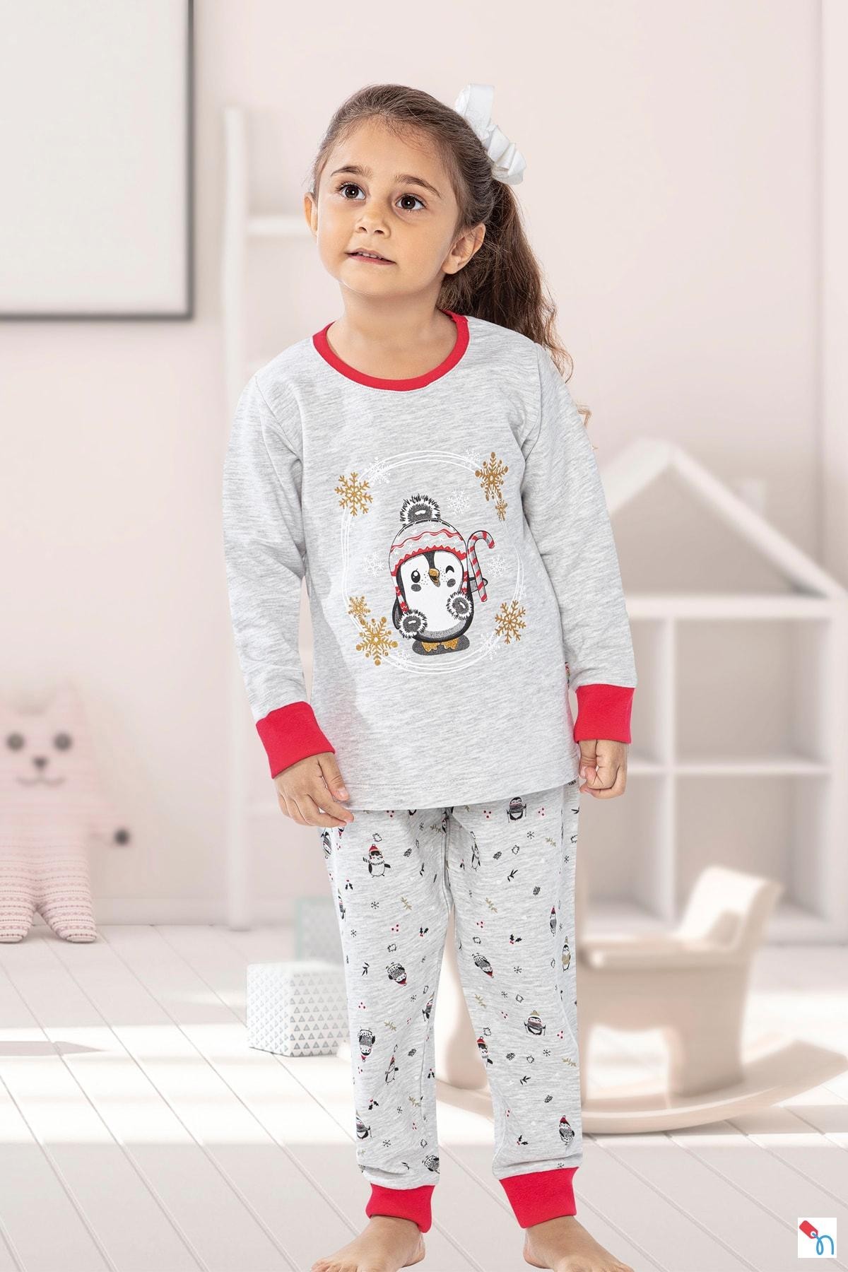 

Пижама для девочки теплая с начесом серая с принтом Новогоднего пингвина 104р Арт.194 Kazan bebe