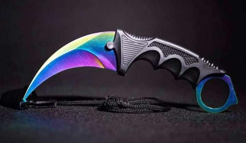 

Тактический металлический нож с чехлом CS GO Керамбит КС ГО - Karambit Градиент Радужный острый клинок с кольцом под палец