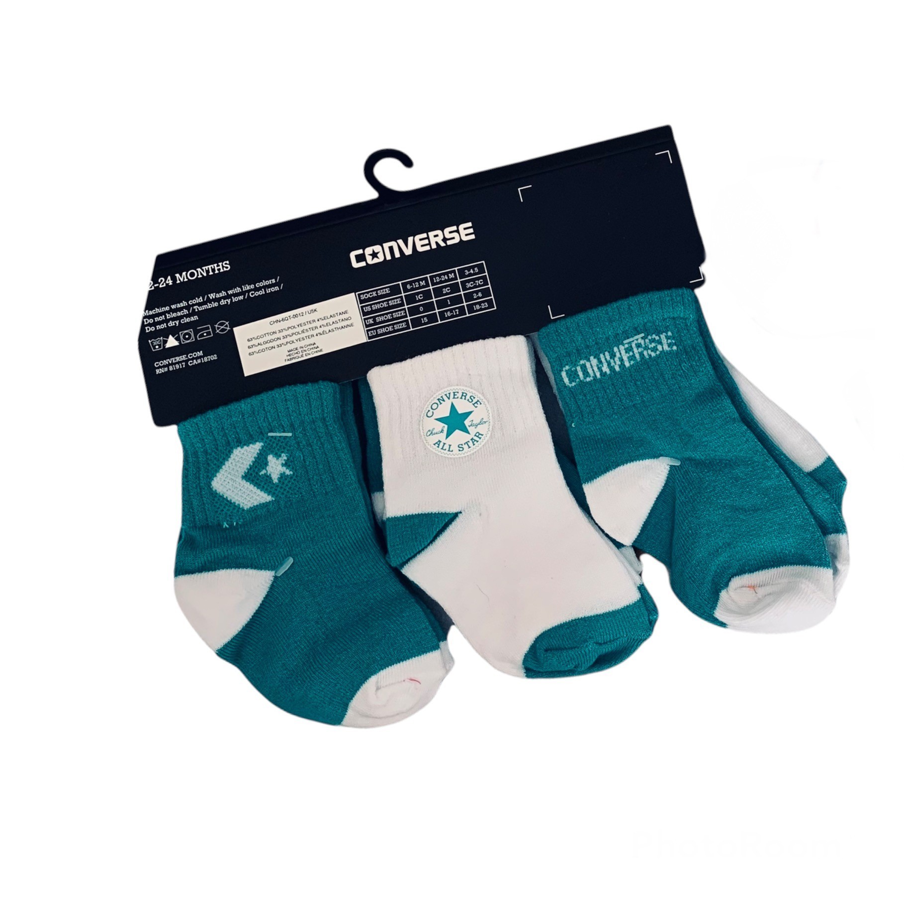 

Набор носков Converse / 12-24 мес 6 пар Бело-бирюзовый, Набор носков Converse 16/17 12-24 мес 6 пар Бело-бирюзовый