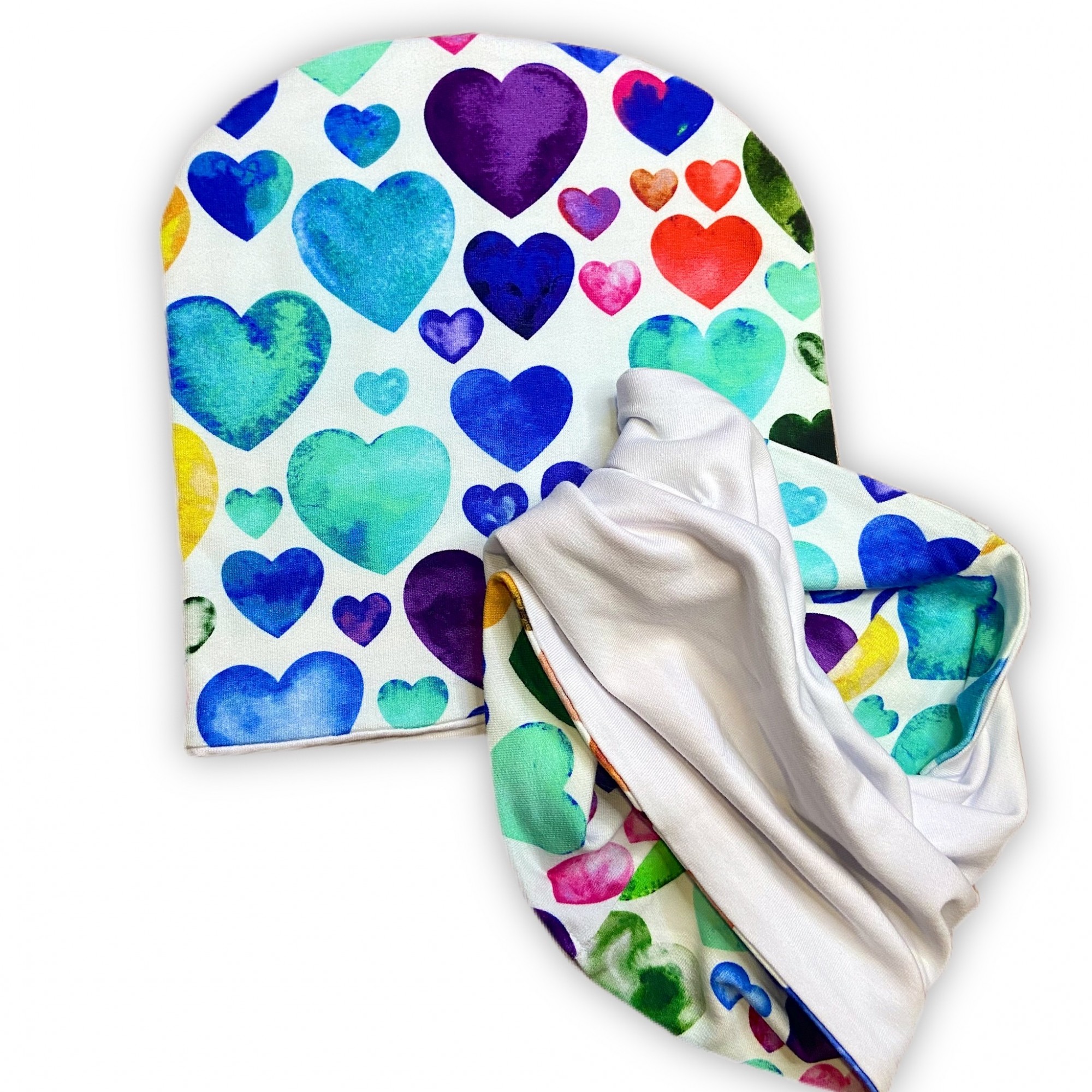 

Набор Шапка+баф детский трикотаж р. 48-52 двухсторонний Сердечки на белом Принт pd020358