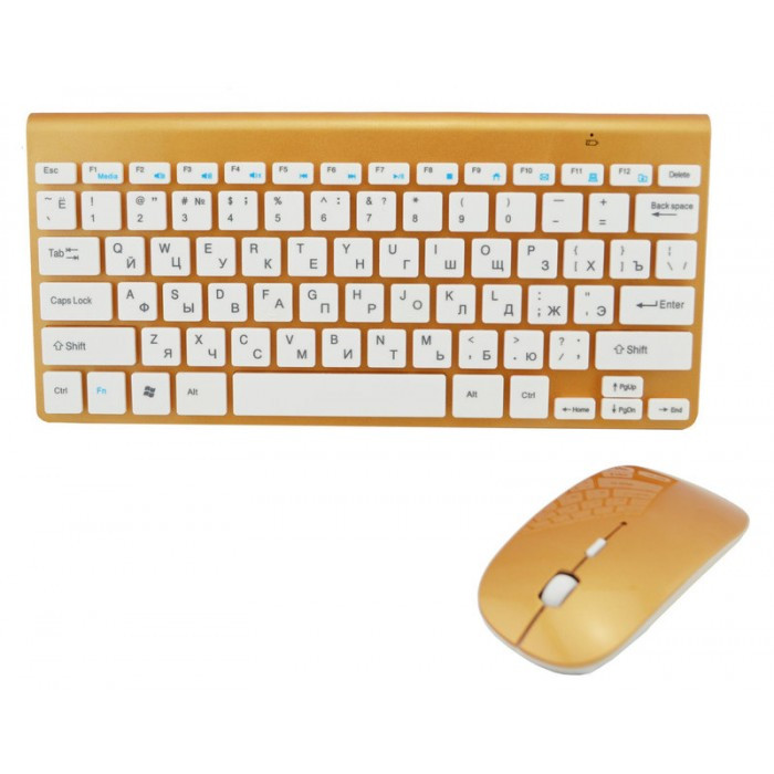 

Клавиатура Беспроводная mini и Мышь + приёмник keyboard 908 Золотая (44958)