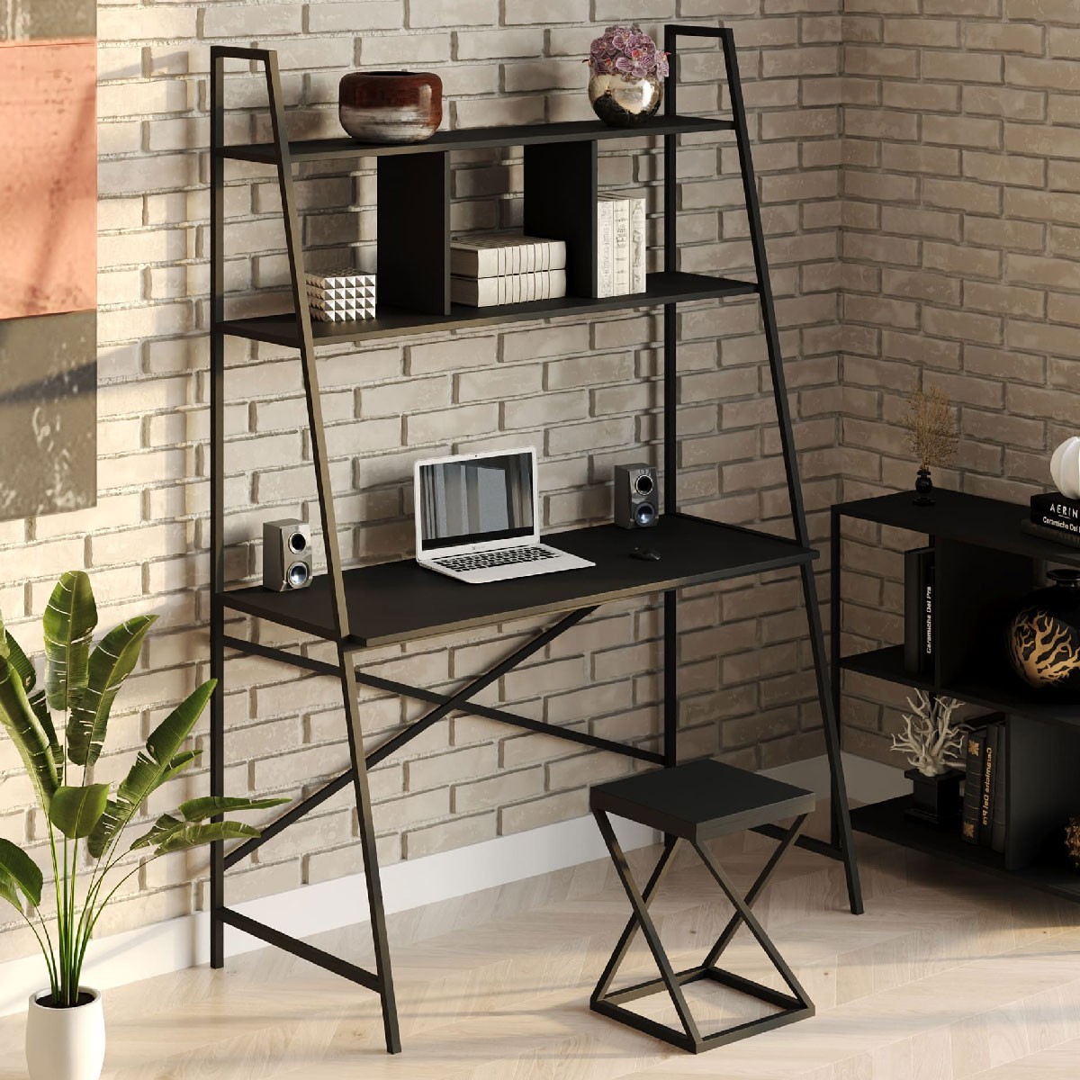 

Стол компьютерный письменный с металлическим каркасом в стиле Лофт (Loft) DrevoGoods усиленный, прямой, рабочий для дома и офиса 1400х1800х600мм; металл: Черный; дерево: Черный + стеллаж с полками + табурет
