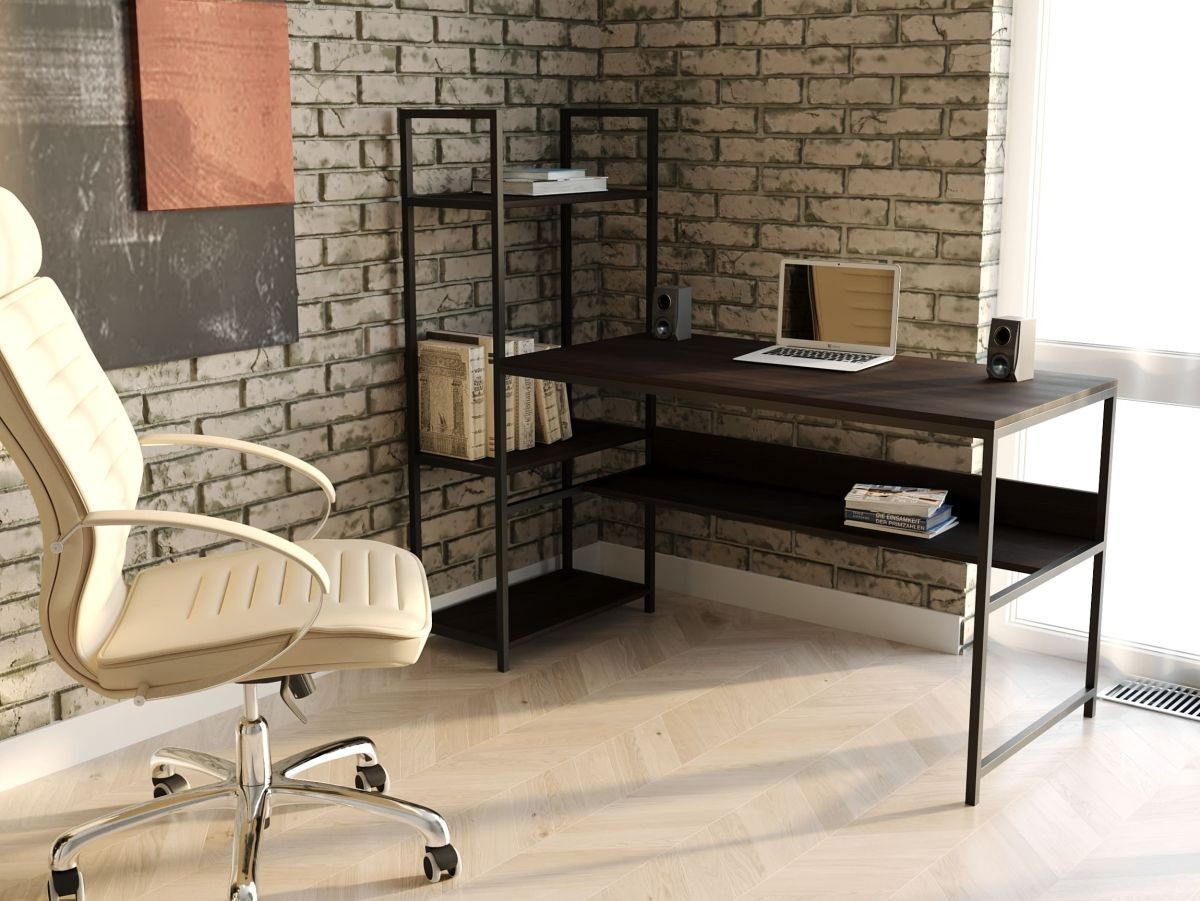 

Стол компьютерный письменный с металлическим каркасом в стиле Лофт (Loft) DrevoGoods с полкой под системный блок усиленный, прямой, рабочий для дома и офиса 1200х750х600мм; металл: Черный; дерево: Венге + стеллаж
