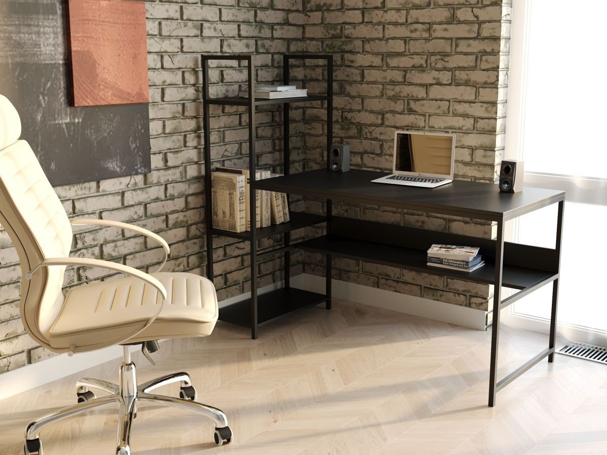 

Стол компьютерный письменный с металлическим каркасом в стиле Лофт (Loft) DrevoGoods с полкой под системный блок усиленный, прямой, рабочий для дома и офиса 1000х750х600мм; металл: Черный; дерево: Черный + стеллаж