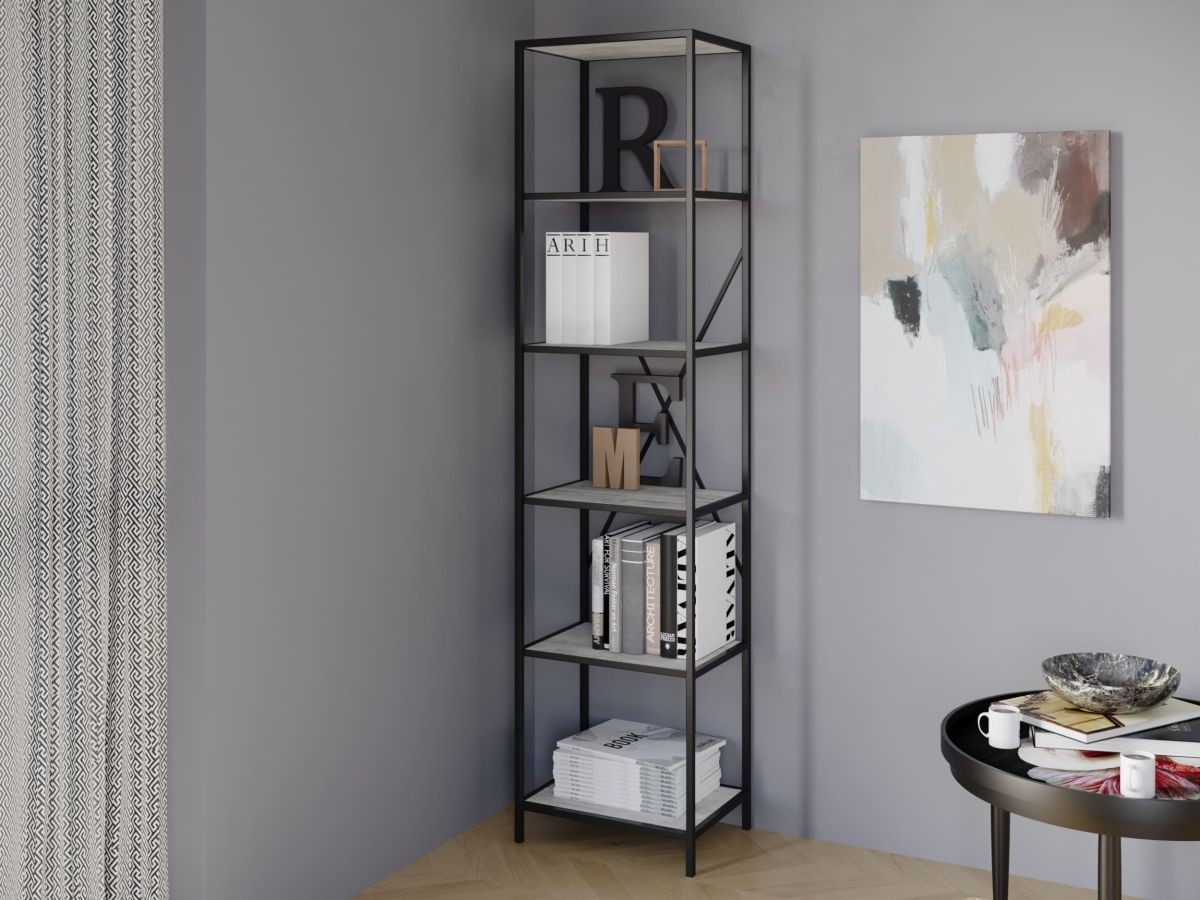 

Стеллаж-перегородка с металлическим каркасом в стиле Лофт (Loft) DrevoGoods узкий, усиленный, напольный / пристенный для дома и офиса с 6 полками для книг и вещей 1855х400х330мм; металл: Черный; дерево: Бетон