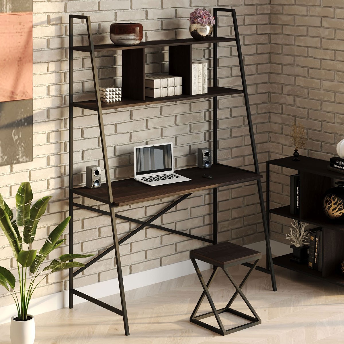 

Стол компьютерный письменный с металлическим каркасом в стиле Лофт (Loft) DrevoGoods усиленный, прямой, рабочий для дома и офиса 1400х1800х600мм; металл: Черный; дерево: Венге + стеллаж с полками без табурета