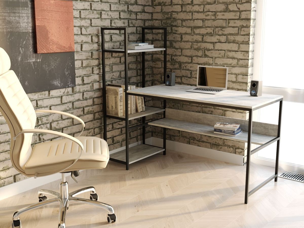 

Стол компьютерный письменный с металлическим каркасом в стиле Лофт (Loft) DrevoGoods с полкой под системный блок усиленный, прямой, рабочий для дома и офиса 1400х750х600мм; металл: Черный; дерево: Бетон + стеллаж