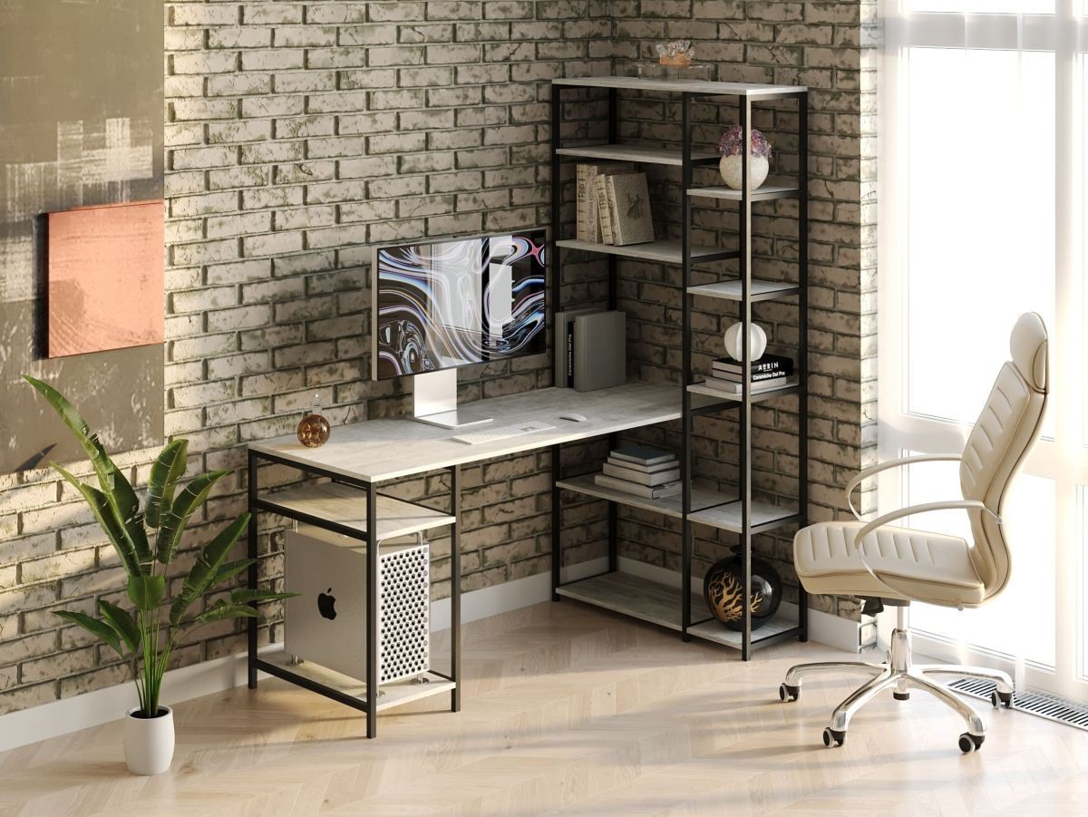 

Стол компьютерный письменный с металлическим каркасом в стиле Лофт (Loft) DrevoGoods с полкой под системный блок усиленный, прямой, рабочий для дома и офиса 1400х1800х900мм; металл: Черный; дерево: Бетон + стеллаж