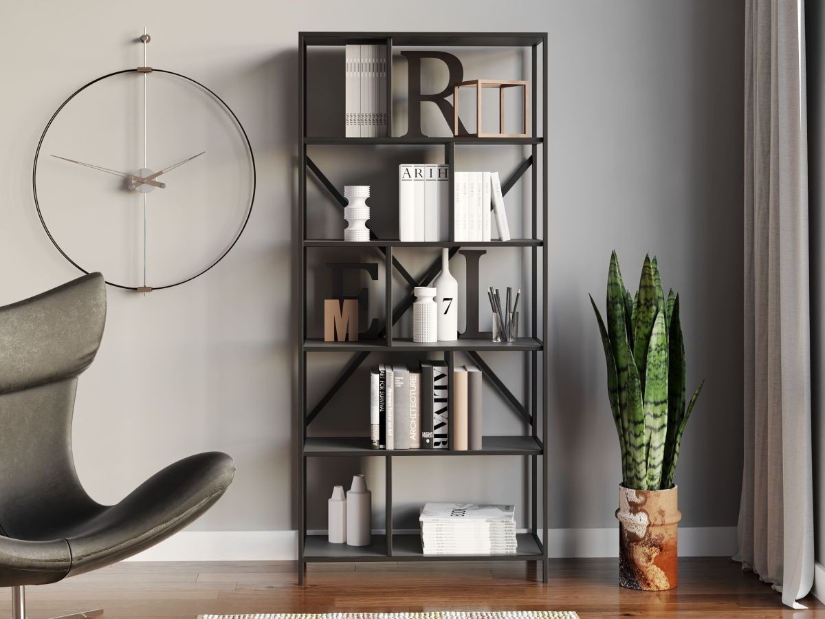 

Стеллаж-перегородка с металлическим каркасом в стиле Лофт (Loft) DrevoGoods усиленный, напольный / пристенный для дома и офиса с 6 полками для книг и вещей на 10 ячеек 1855х800х330мм; металл: Черный; дерево: Антрацит