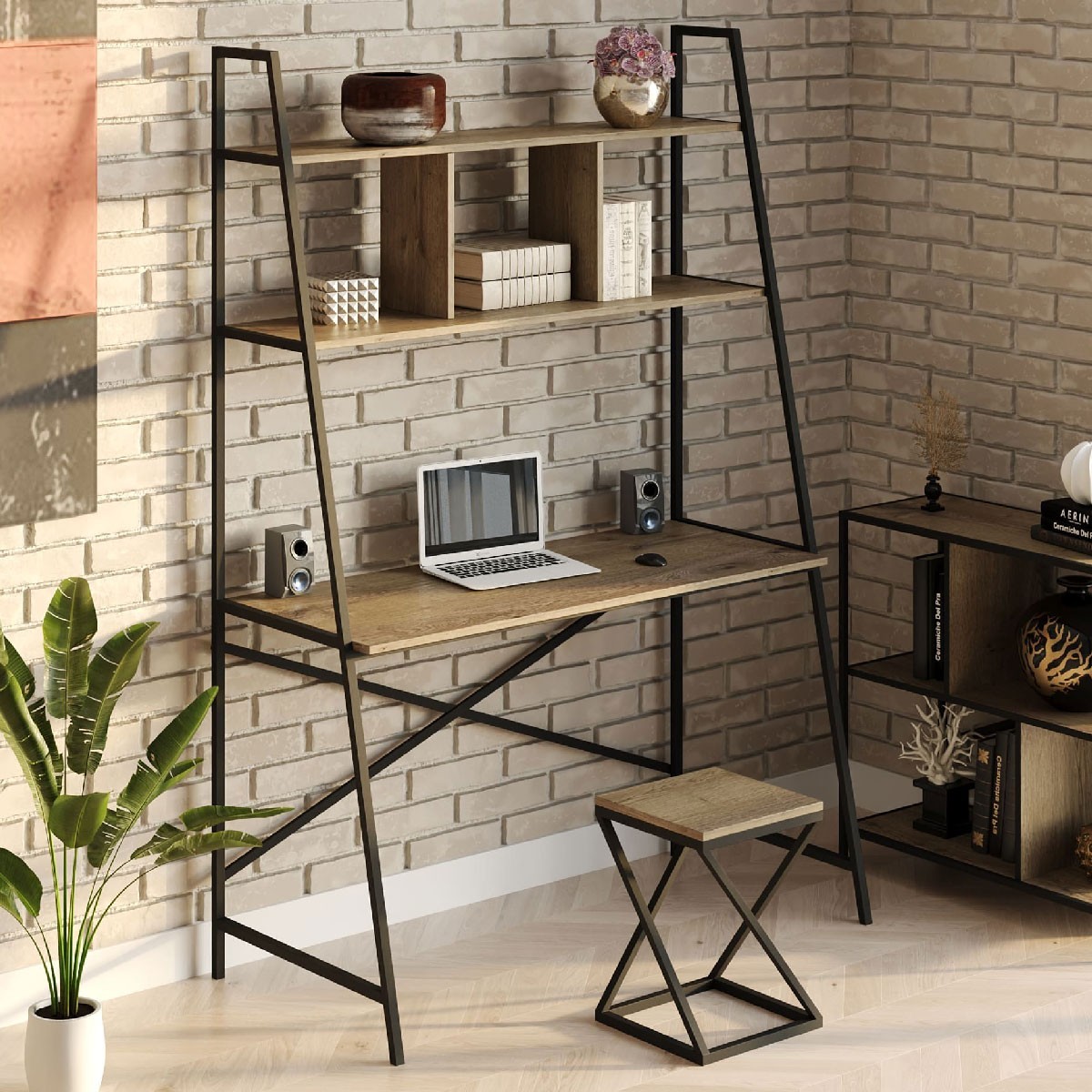 

Стол компьютерный письменный с металлическим каркасом в стиле Лофт (Loft) DrevoGoods усиленный, прямой, рабочий для дома и офиса 1400х1800х600мм; металл: Черный; дерево: Аликанте темный + стеллаж с полками + табурет