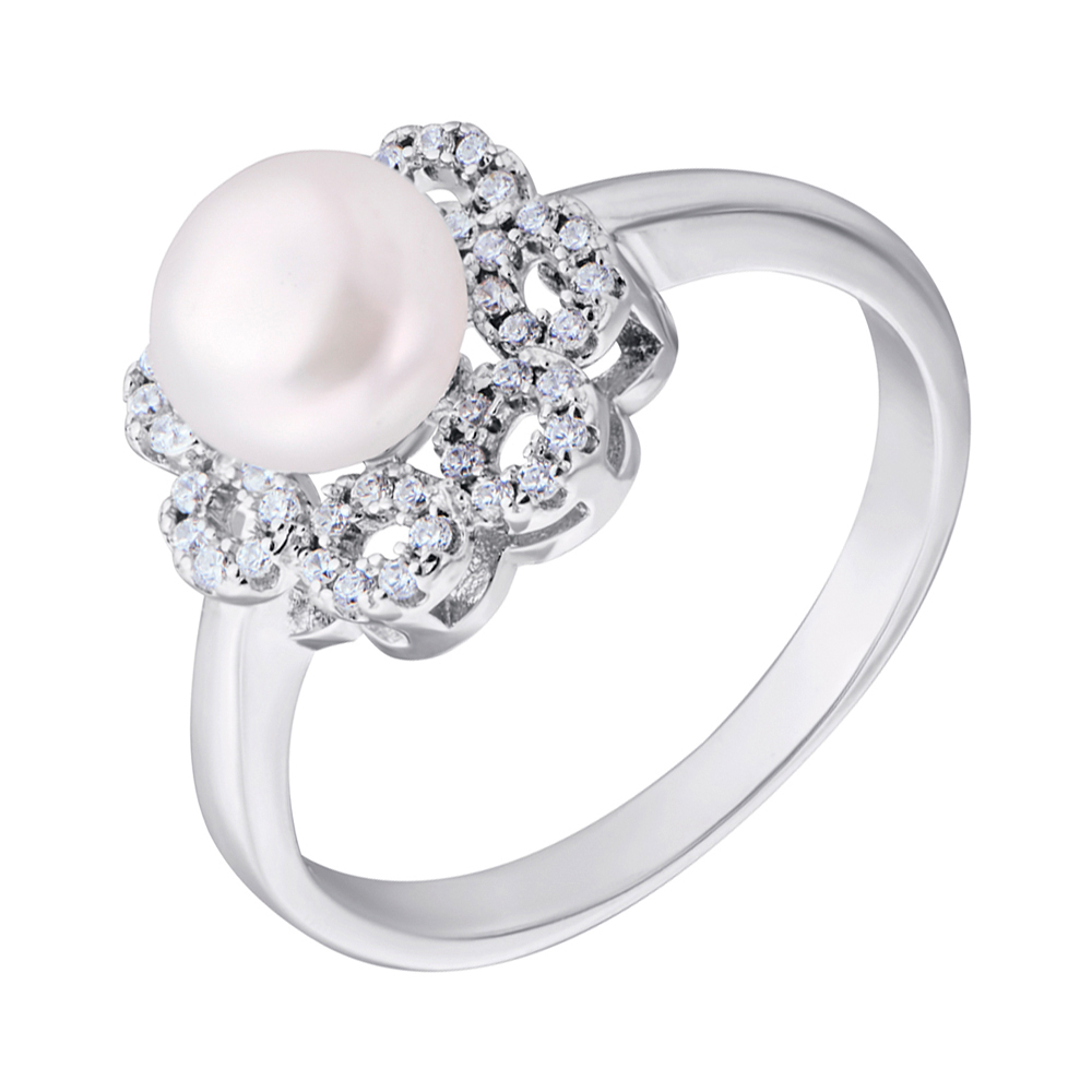 

Серебряное кольцо с жемчугом и фианитами 000132598 без размера